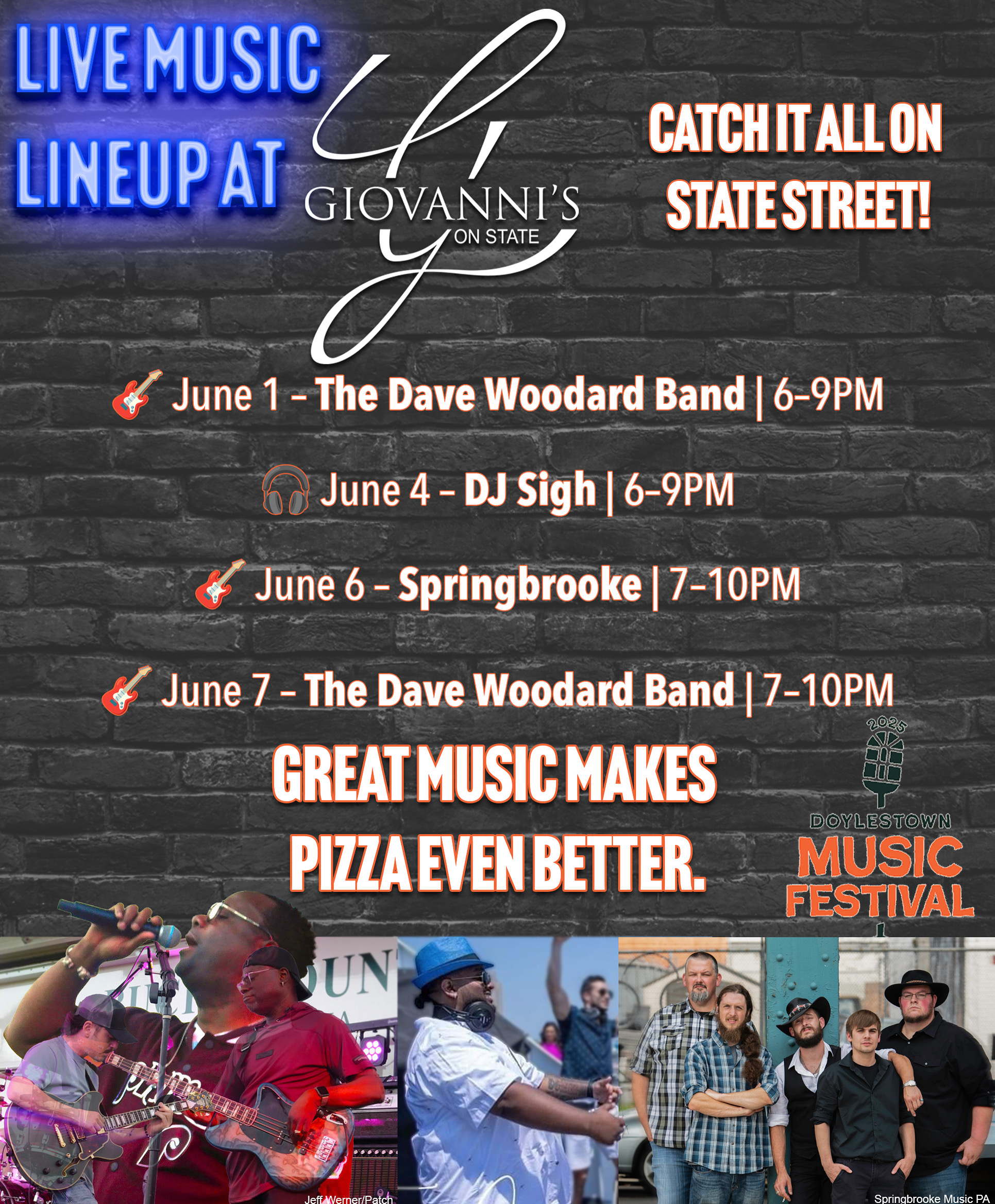Promotional poster for Giovanni’s live music lineup, listing bands and times for June 1, 4, 6, and 7, with images of musicians and event branding.